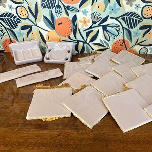 Vintage 19pc MCM Porcelain Tile Bathroom Accessory Set Purple Lavender Lilac